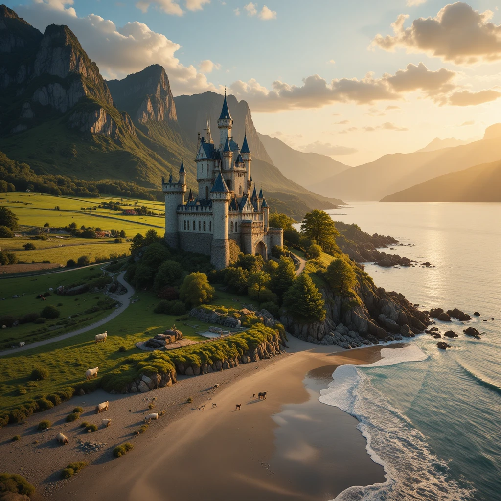 Castelo de conto de fadas em uma praia tranquila ao pôr do sol dourado