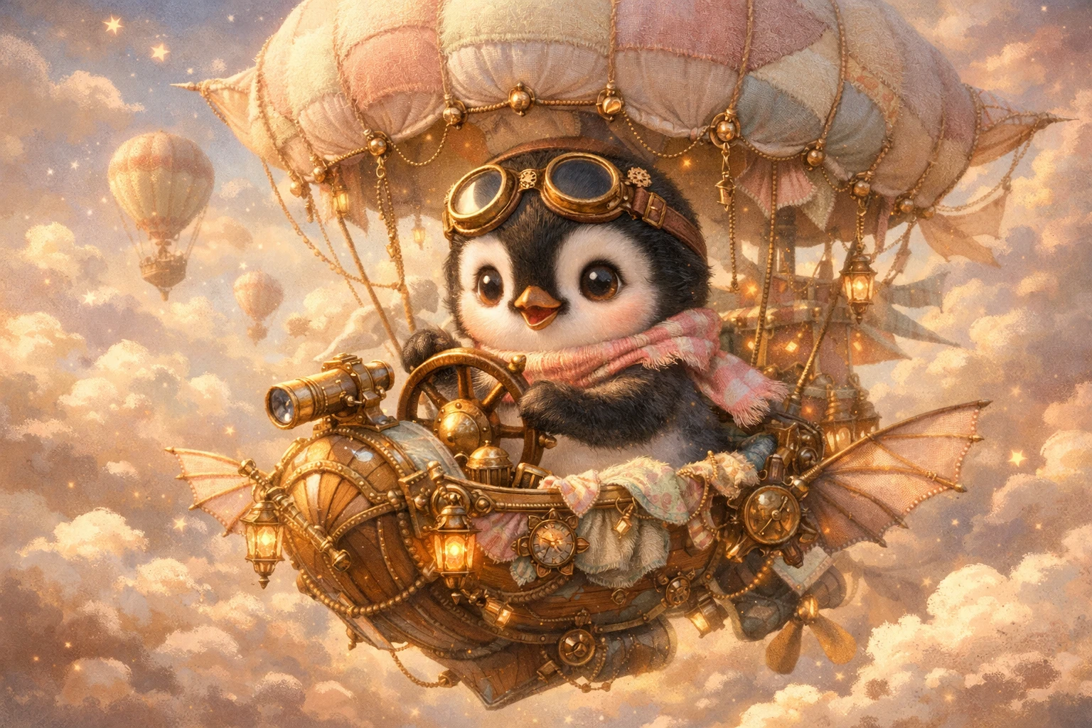 Dolce pinguino bebé steampunk che vola su un piccolo dirigibile