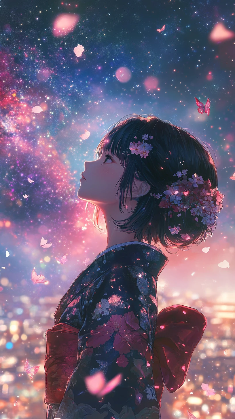 身穿和服的動漫少女仰望星空