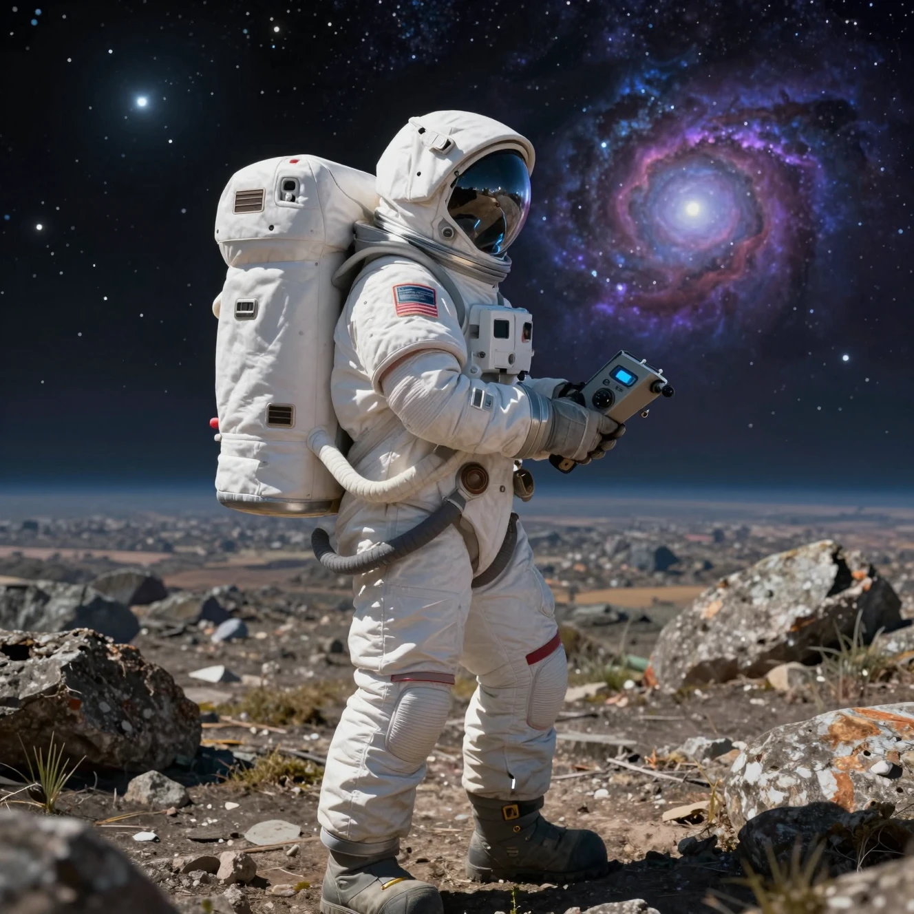 Astronaut auf einem fremden Planeten unter buntem Nebelhimmel