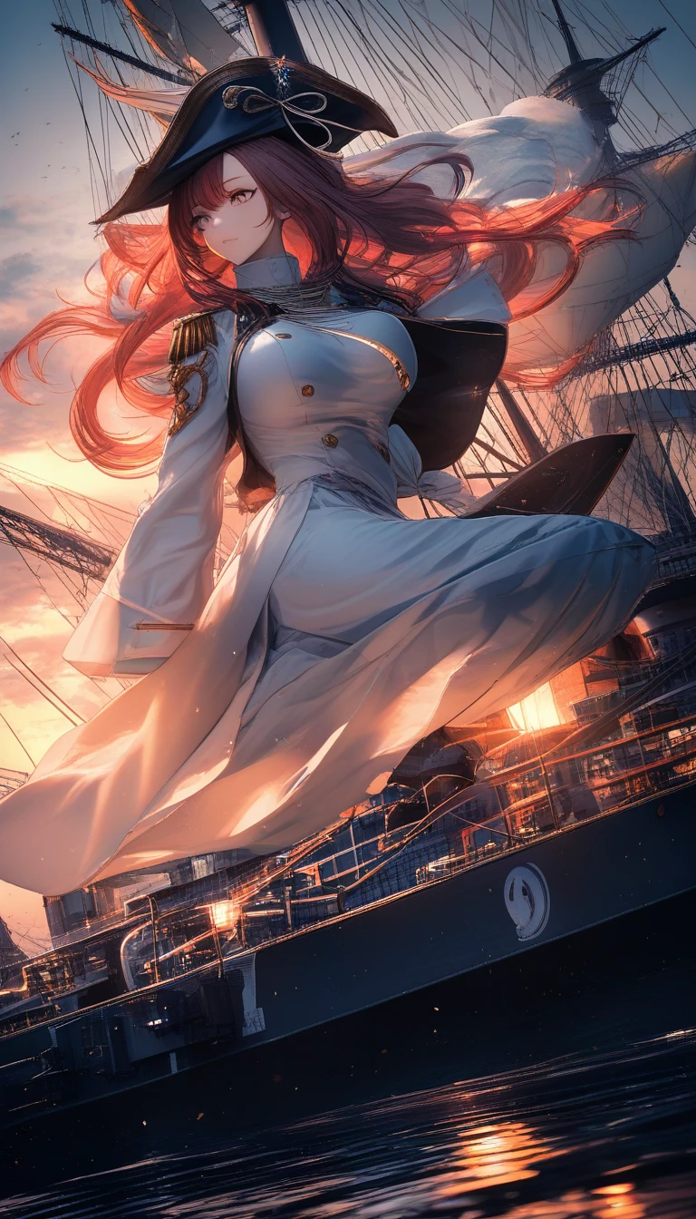 Tall white haired shipgirl officer in Boston harbor sunset