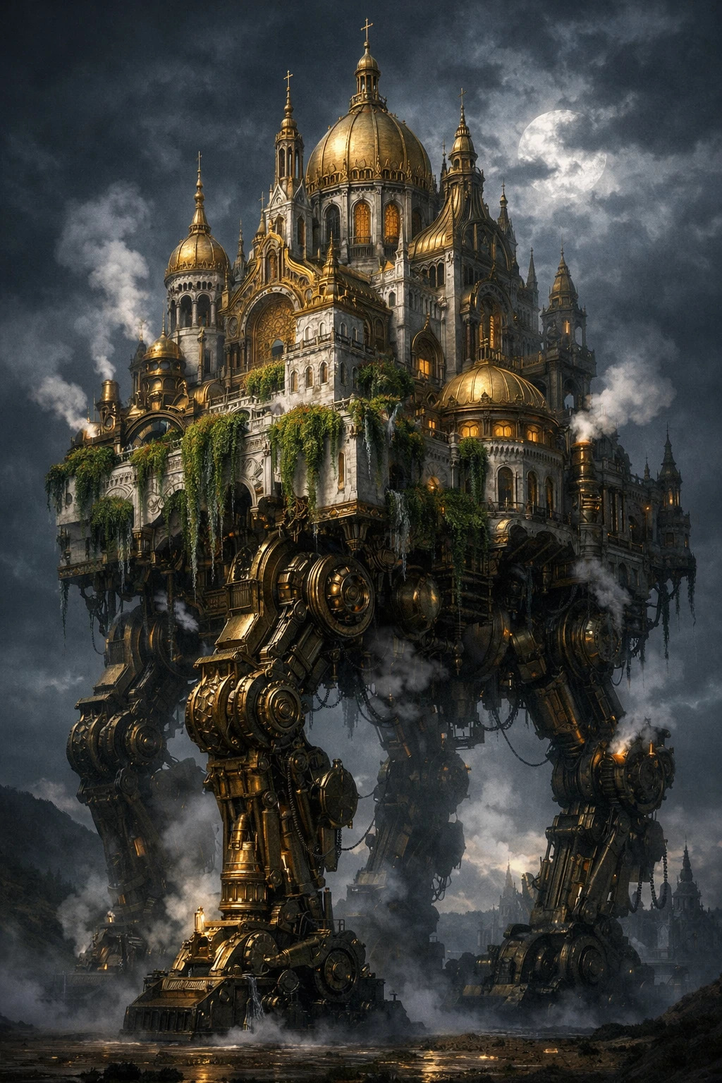 Golden cathedral city walking on colossal mechanical legs