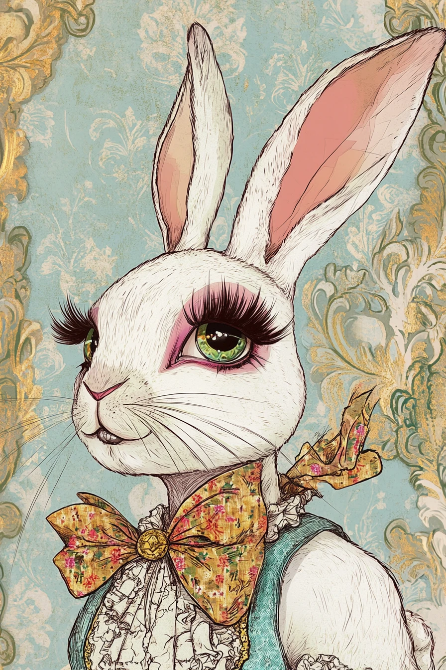 DivA coelha glamourosa em tons pastéis com estilo cômico festivo
