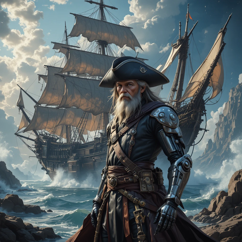 Capitão pirata espacial cibernético diante de uma nave estelar colossal