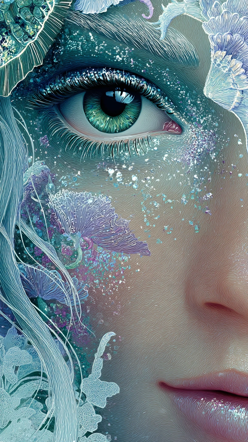 Rosto encantador de sereia em close-up em aquarela e tinta