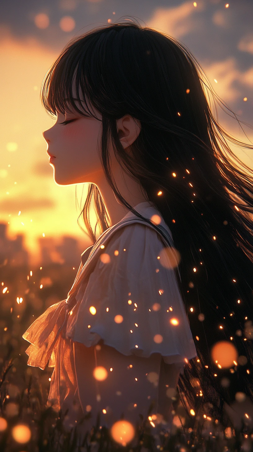 Fille d’anime dans un champ au crépuscule lumineux avec des braises flottantes