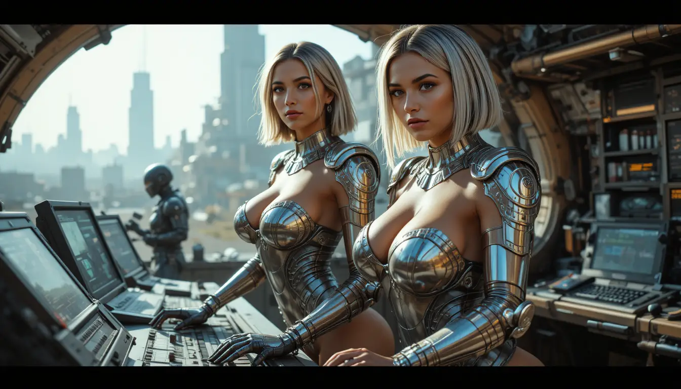 Two armored sci fi women at a futuristic control station