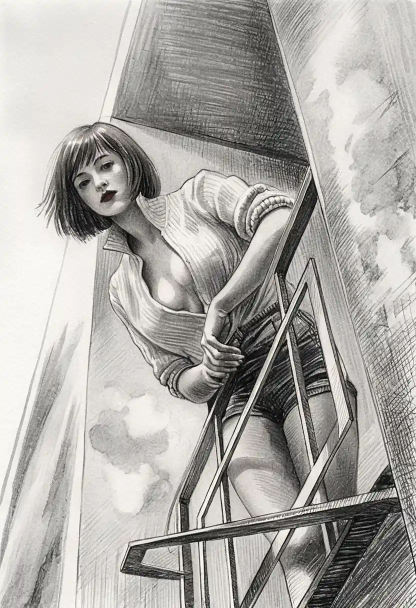 Woman standing on small balcony in dramatic low angle