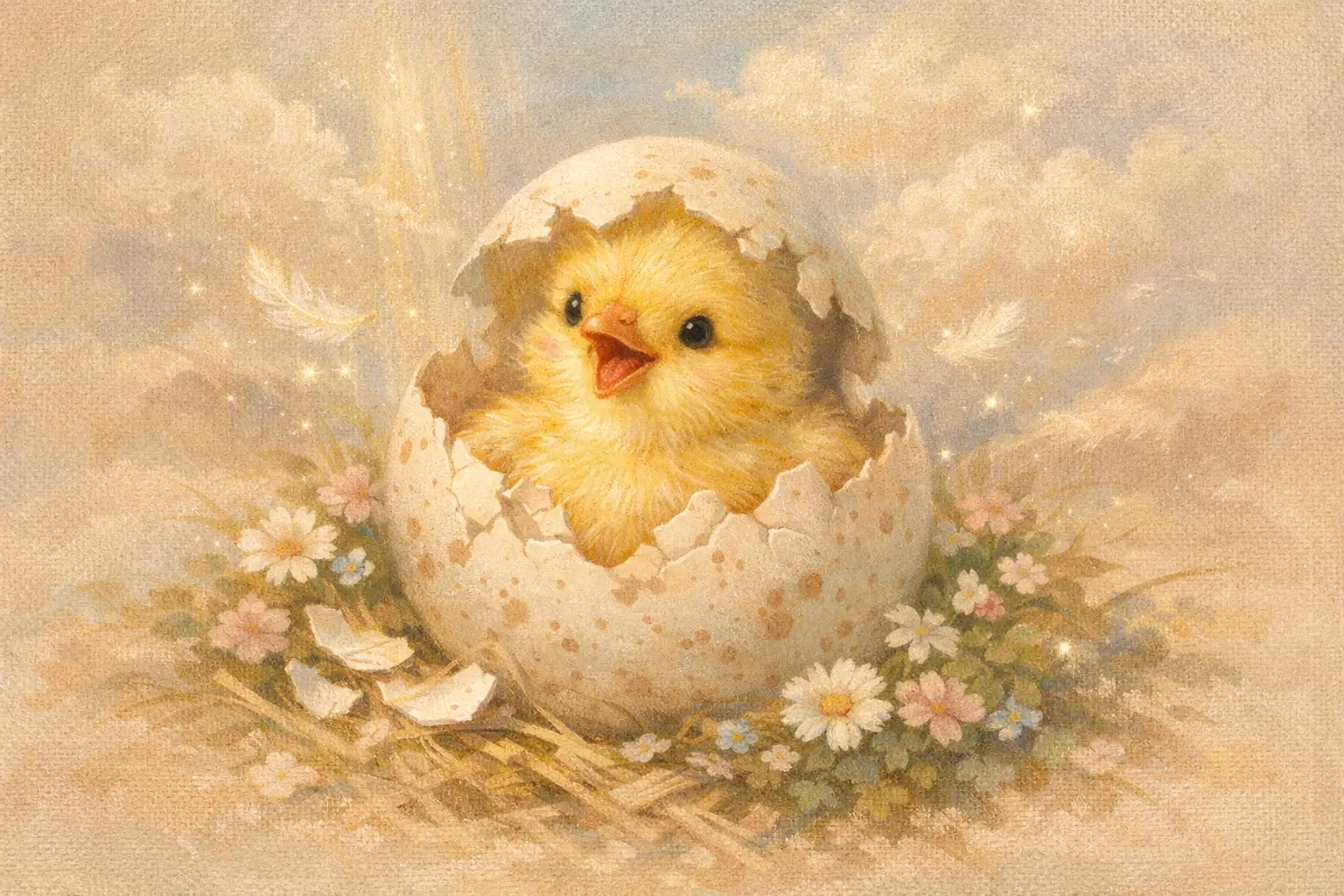 Fröhliches Küken schlüpft aus einem gesprenkelten Ei – Illustration