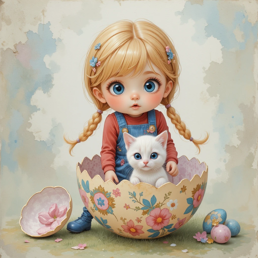 Little girl amazed by kitten in a giant easter egg