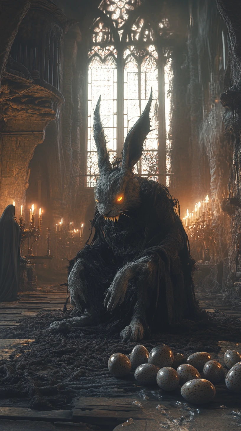 Grotesque rabbit surrounded by broken easter eggs in candlelit room