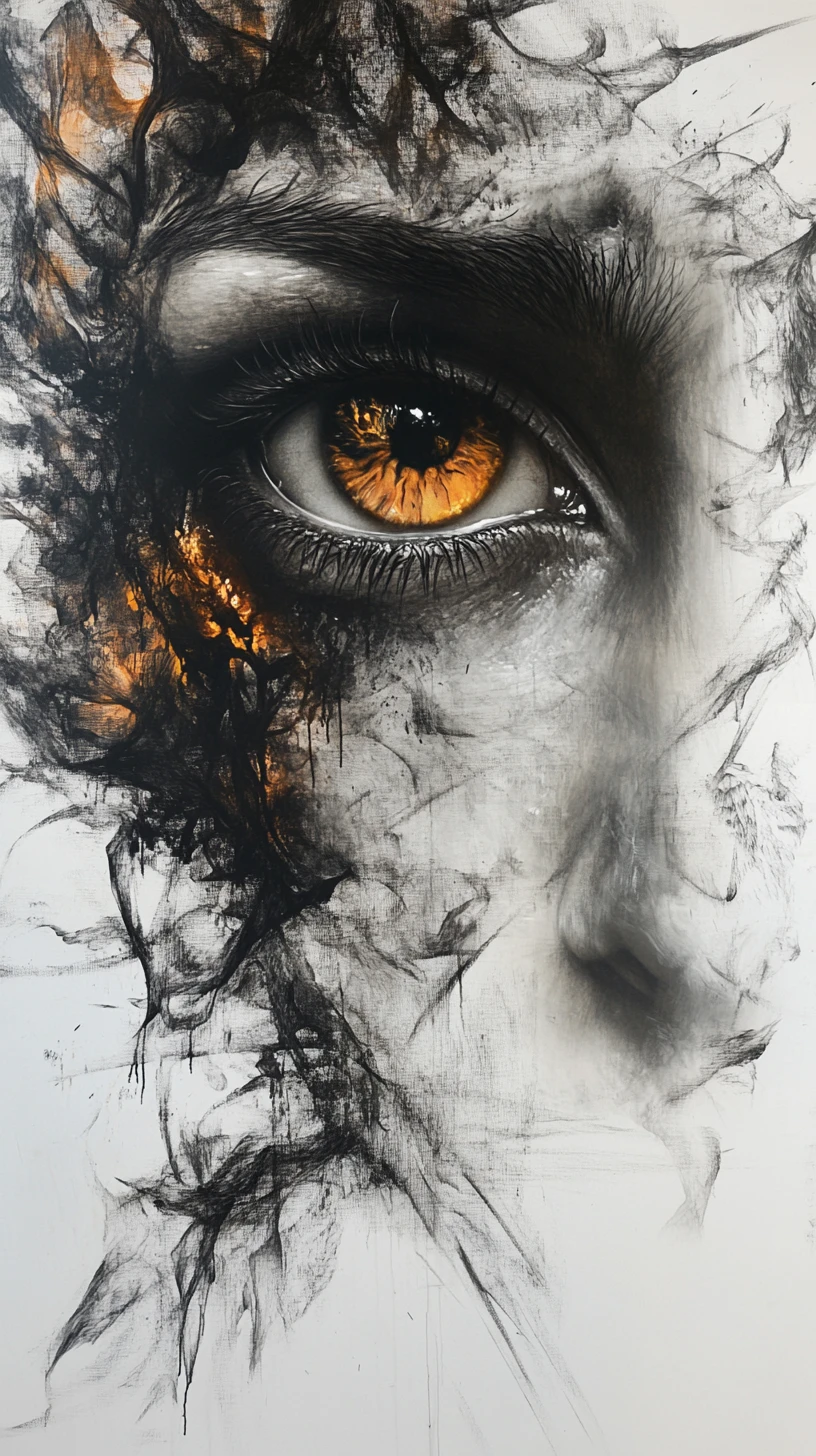 Lobo abstrato em mídia mista com grandes olhos reflexivos