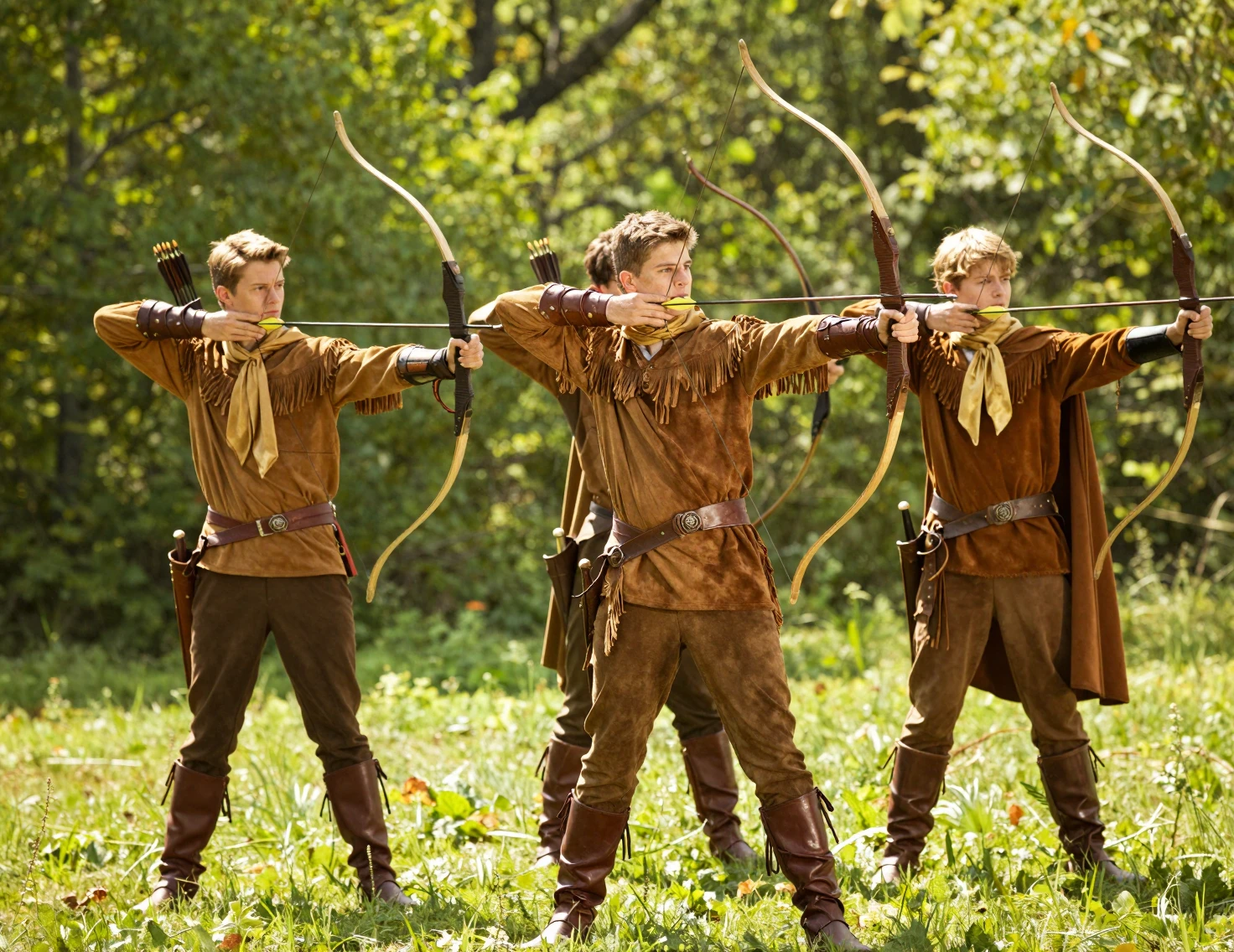 Three teenage archers training together in a sunny forest