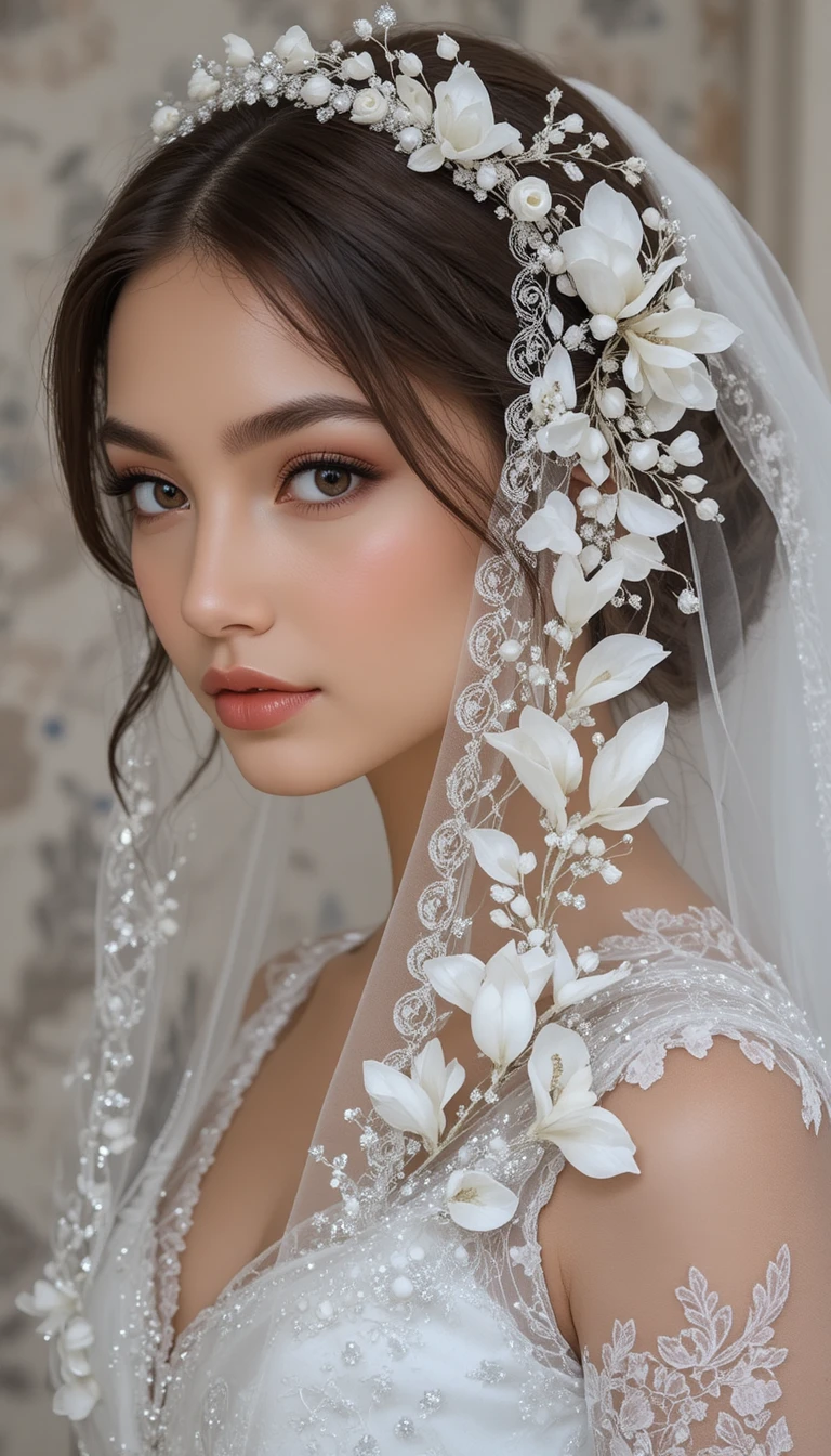 Velo da sposa personalizzato con ricamo di magnolie e perline di vetro