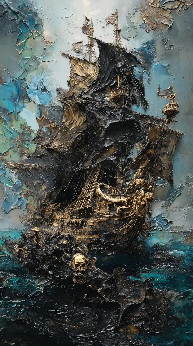 Pirate captain steering through an impossible obsidian sea