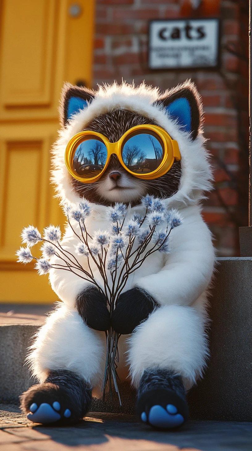 Adorable criatura felina con mono blanco junto a una puerta amarilla