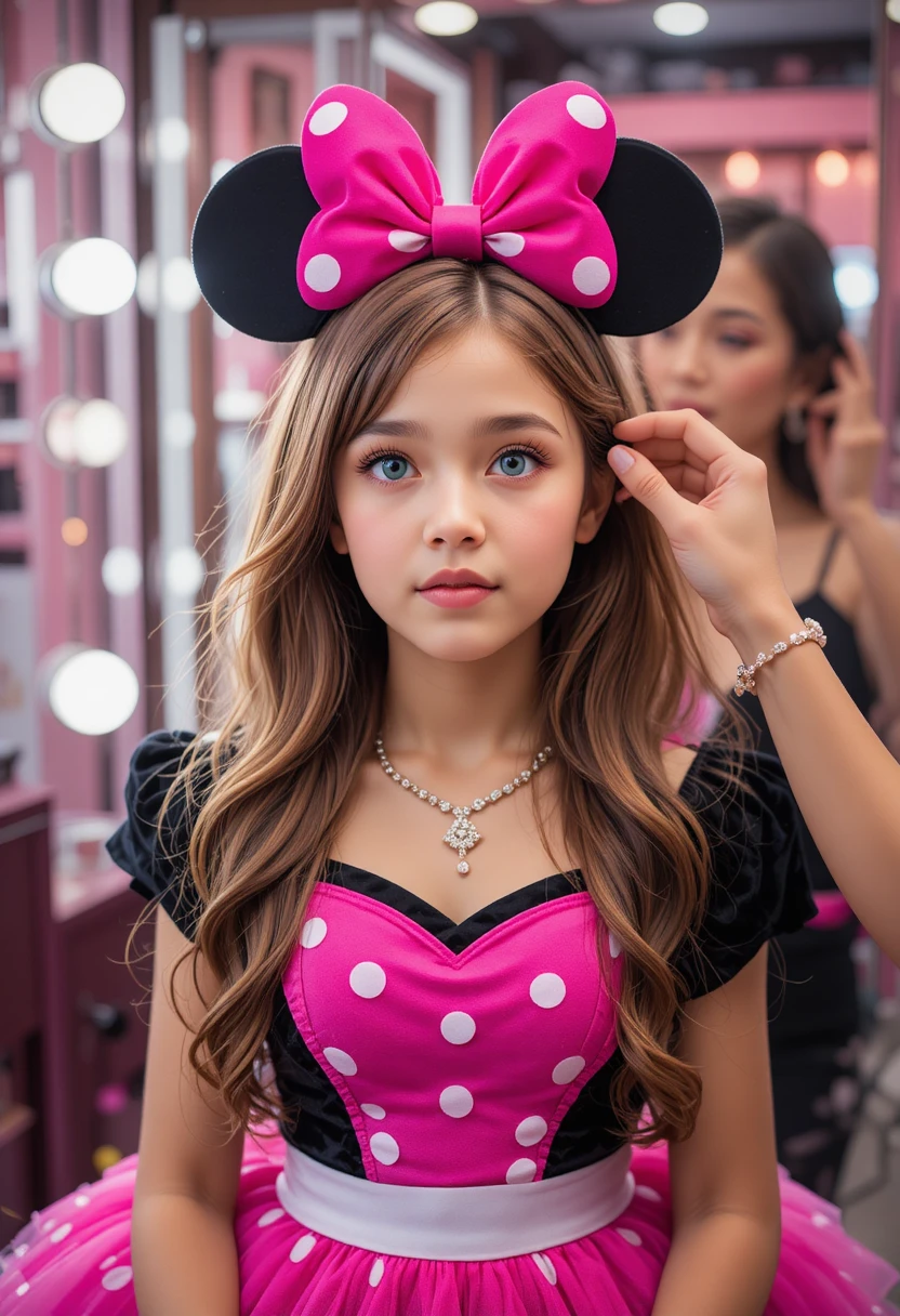 Young boy in Minnie dress in boutique dressing room