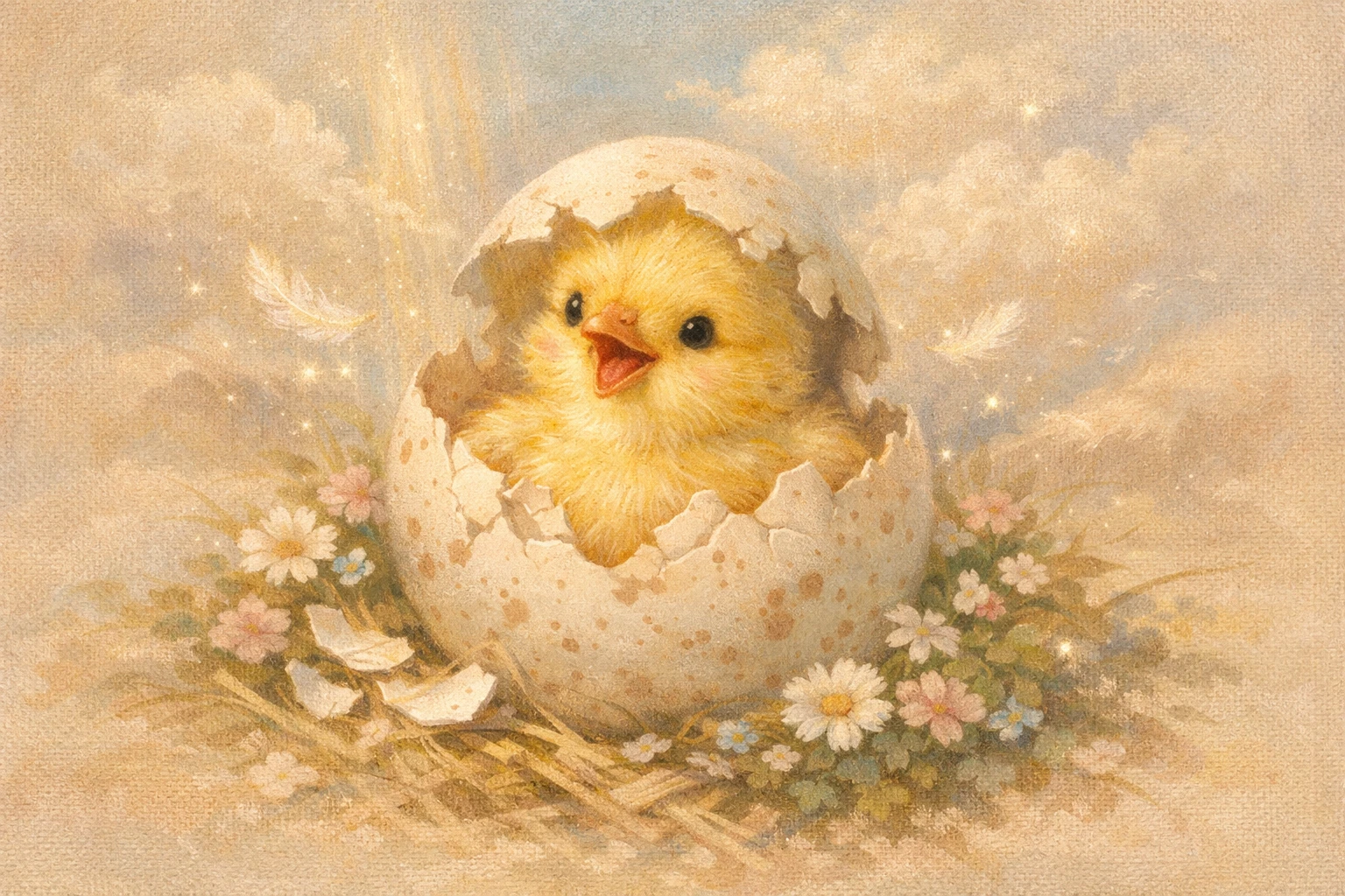 Cheerful baby chick hatching from a speckled egg illustration