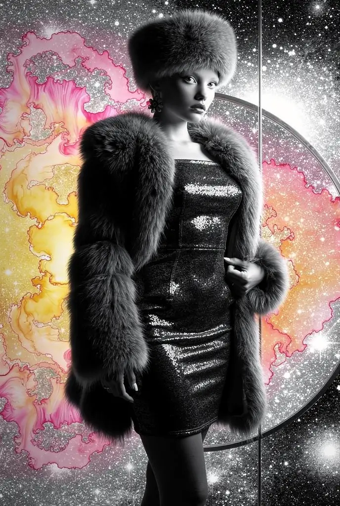 Smiling woman in surreal psychedelic dreamscape fashion scene