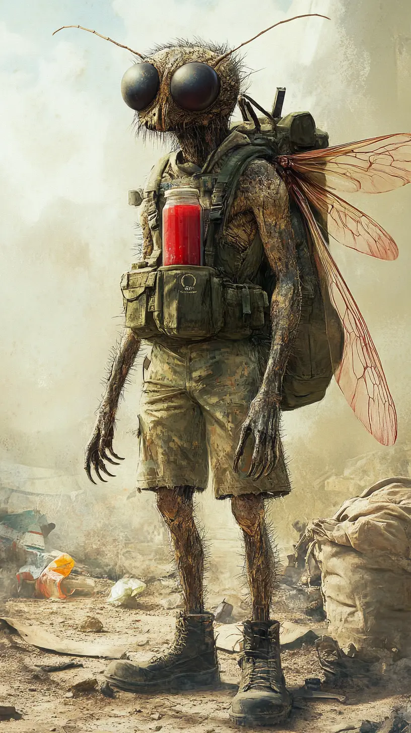 Fly headed humanoid drinking from a red mason jar