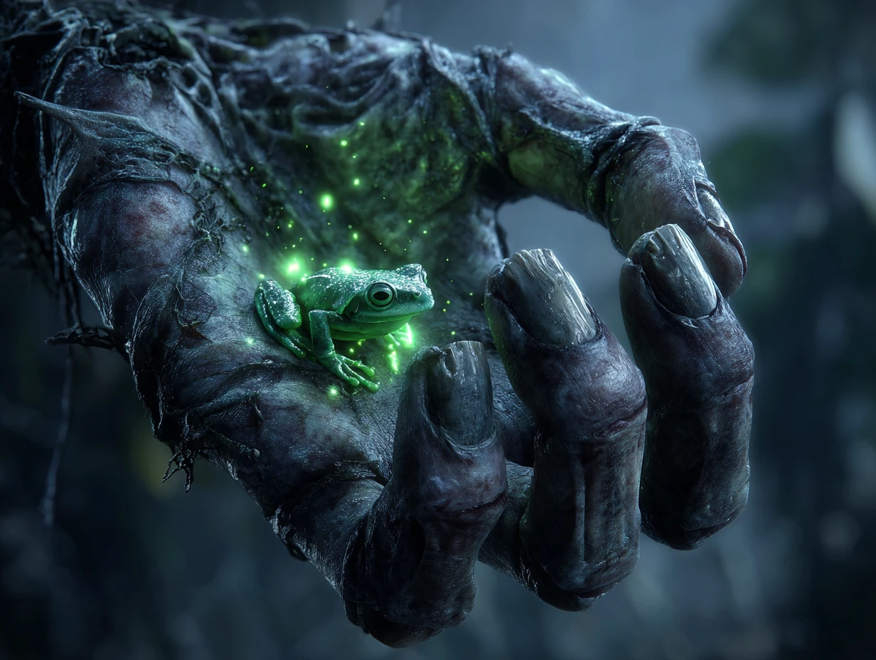 Skeletal witch hand cradling glowing poison dart frog