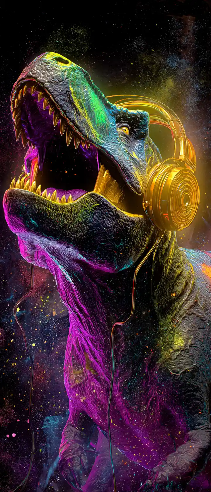 Colorful dancing t rex with golden headphones in dark jungle