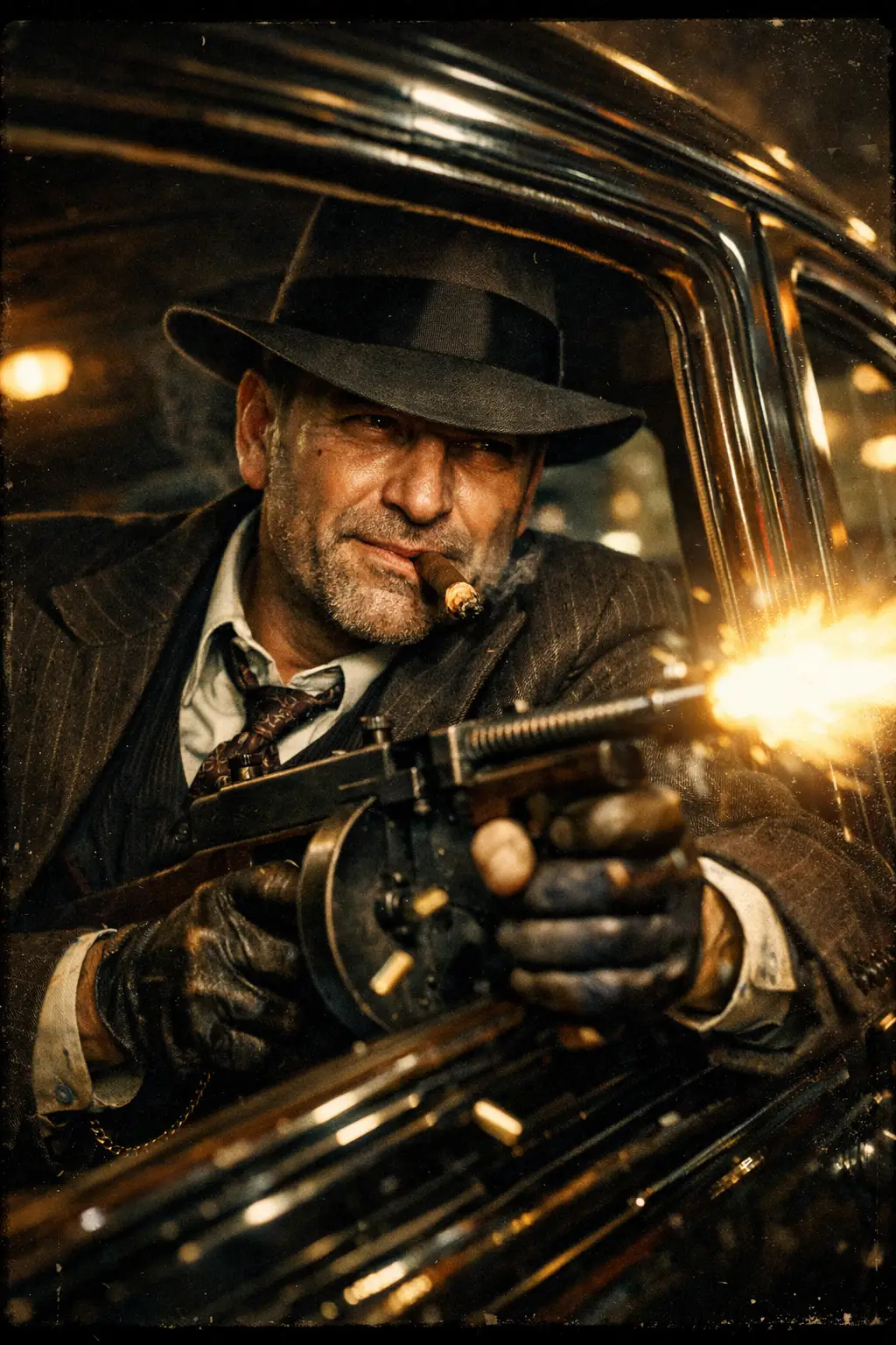 Gangster boss with tommy gun in vintage car at night