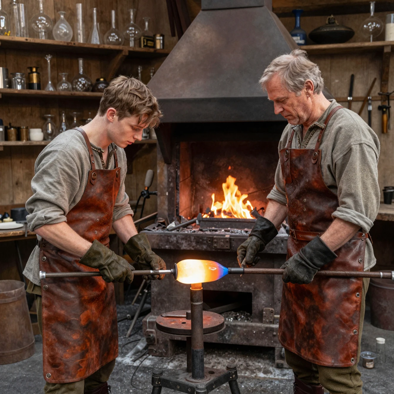 Fantasie-Handwerker beim Glasblasen in einer rustikalen, sonnenbeschienenen Werkstatt