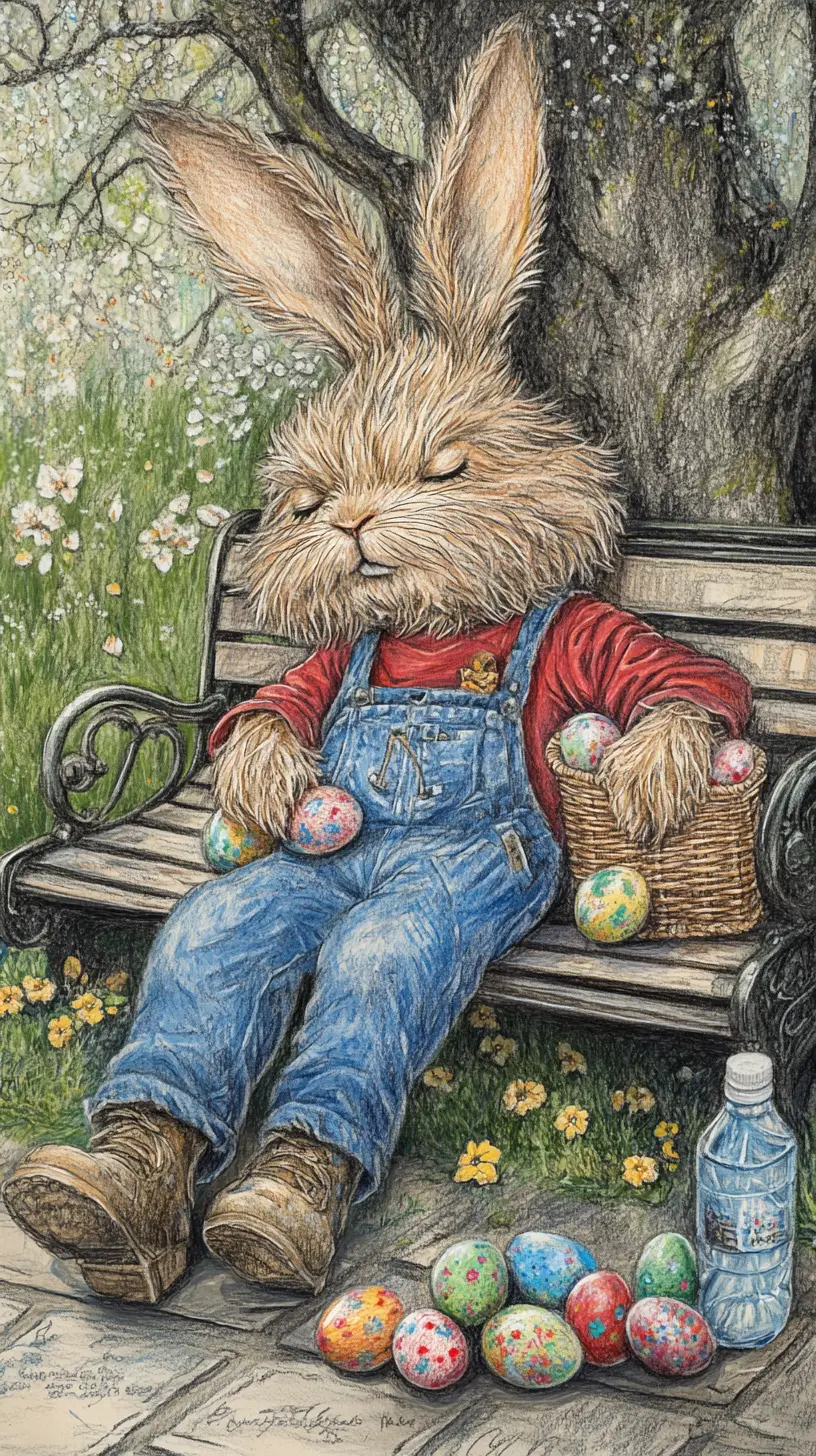 Tired rabbit in blue overalls resting on a park bench