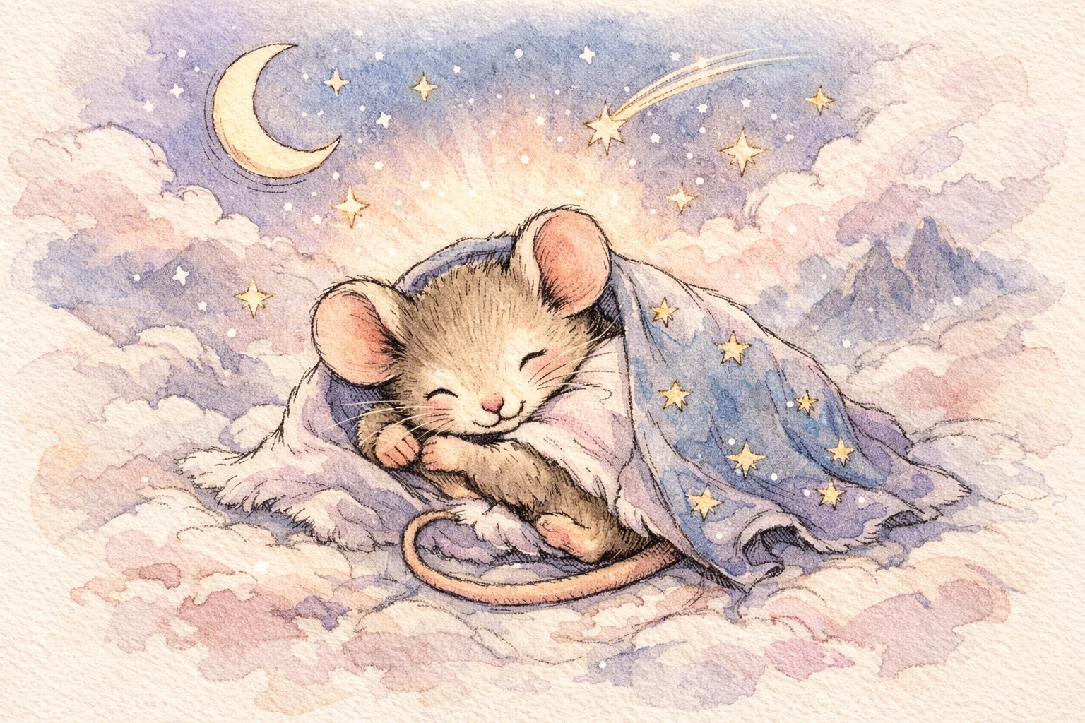 Minuscule souris souriante blottie sous une douce couverture pastel