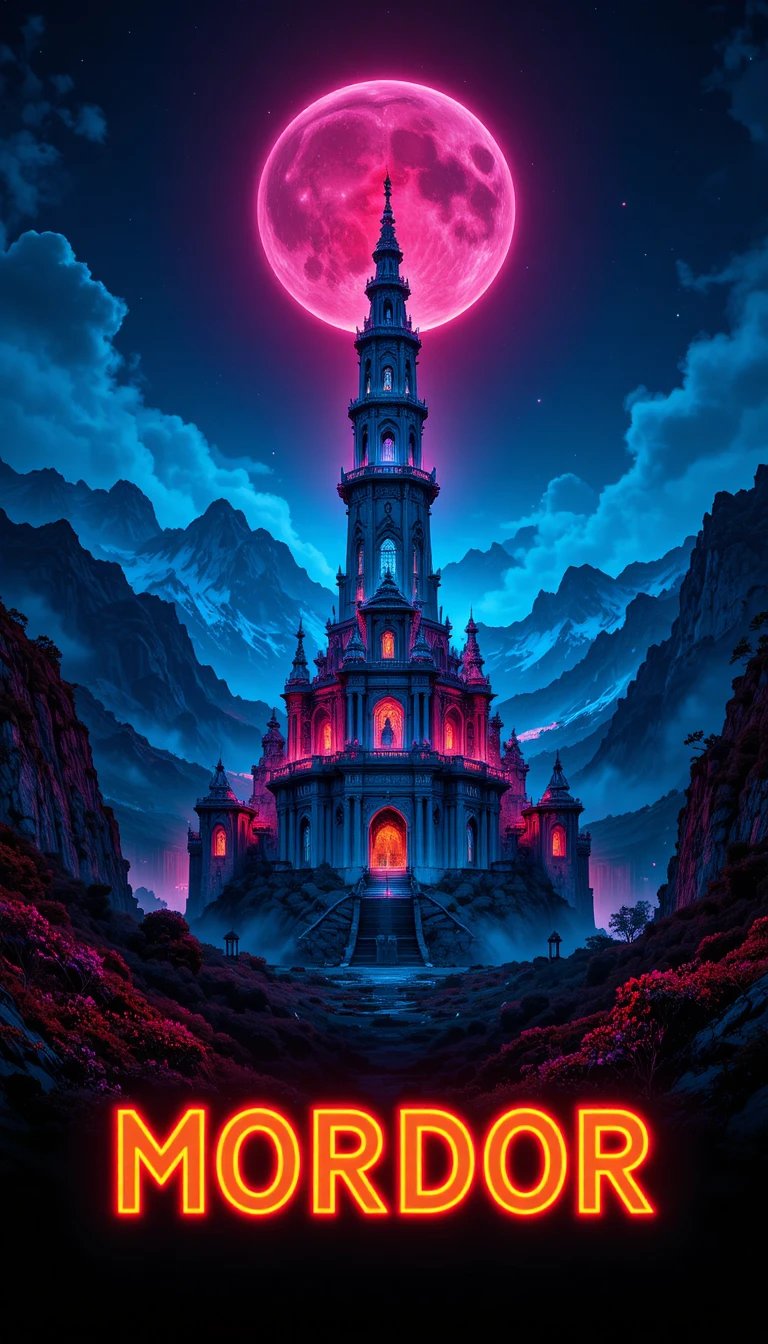 Pôster de viagem dark fantasy com torre brilhante em Mordor