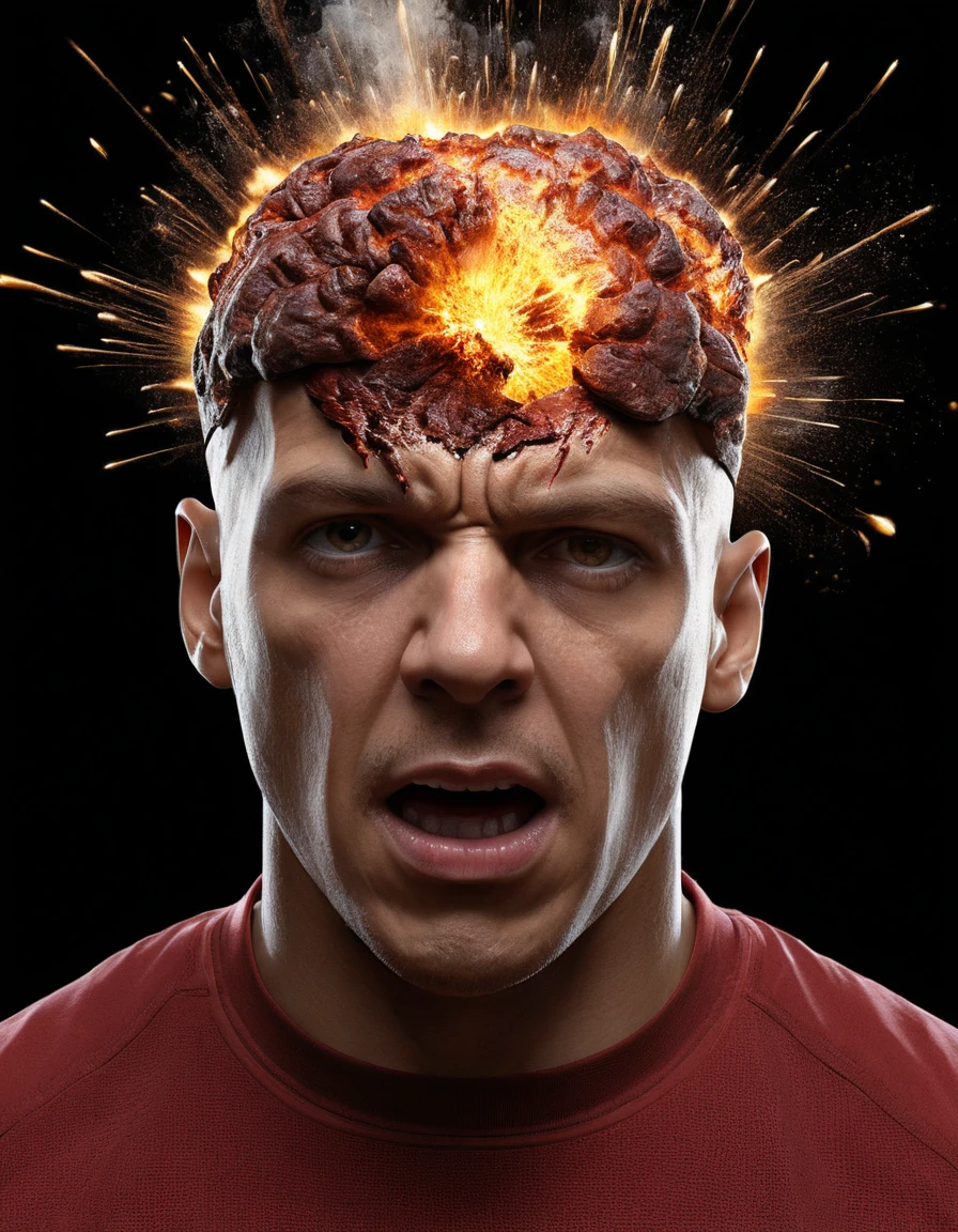 Renderização 3D realista de uma cabeça humana explodindo