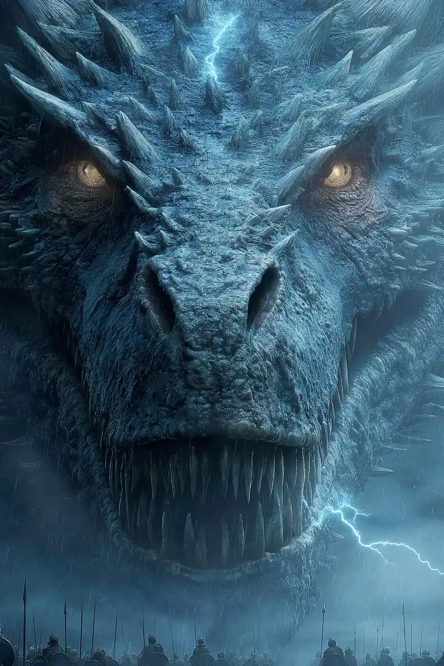 Colossal dragon head looming over tiny soldiers in battle