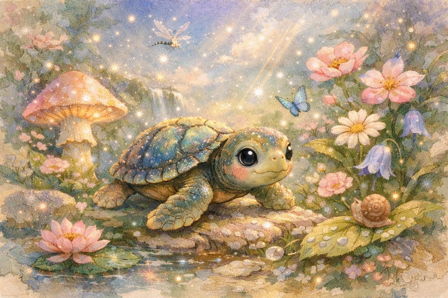 Baby-Schildkröte erkundet einen sanften Pastellgarten – Illustration