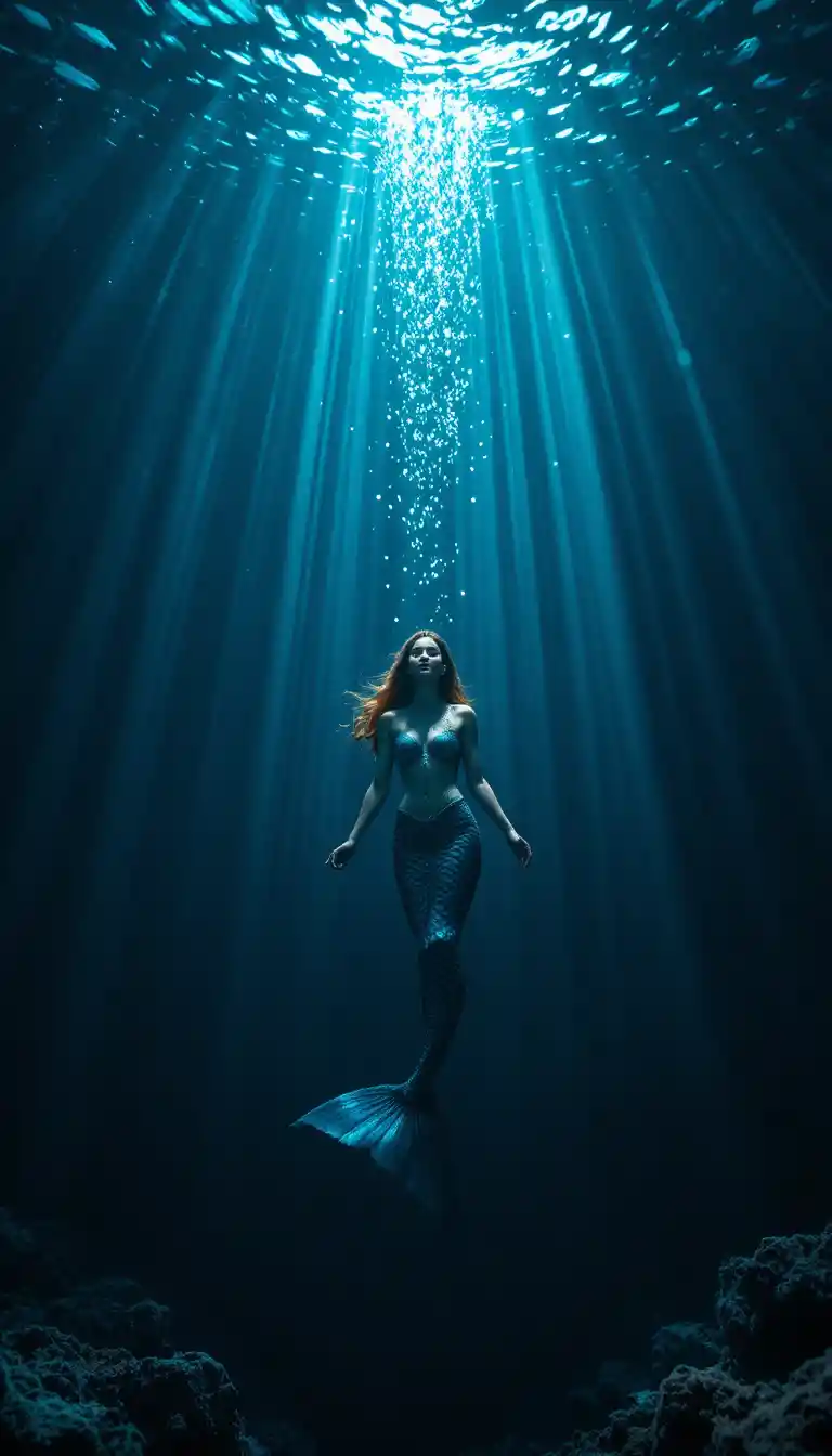 Mermaid Swimming Gracefully Through Deep Blue Ocean Depths