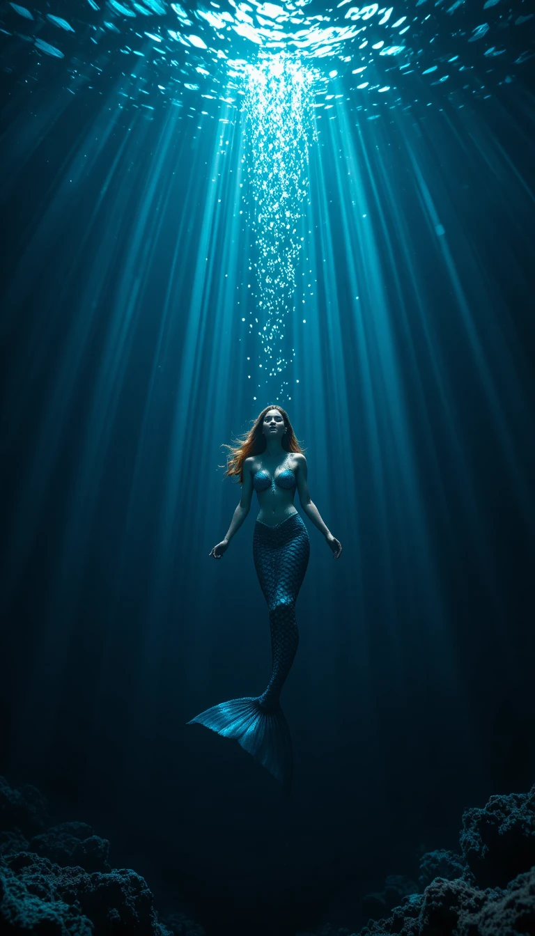 Mermaid Swimming Gracefully Through Deep Blue Ocean Depths