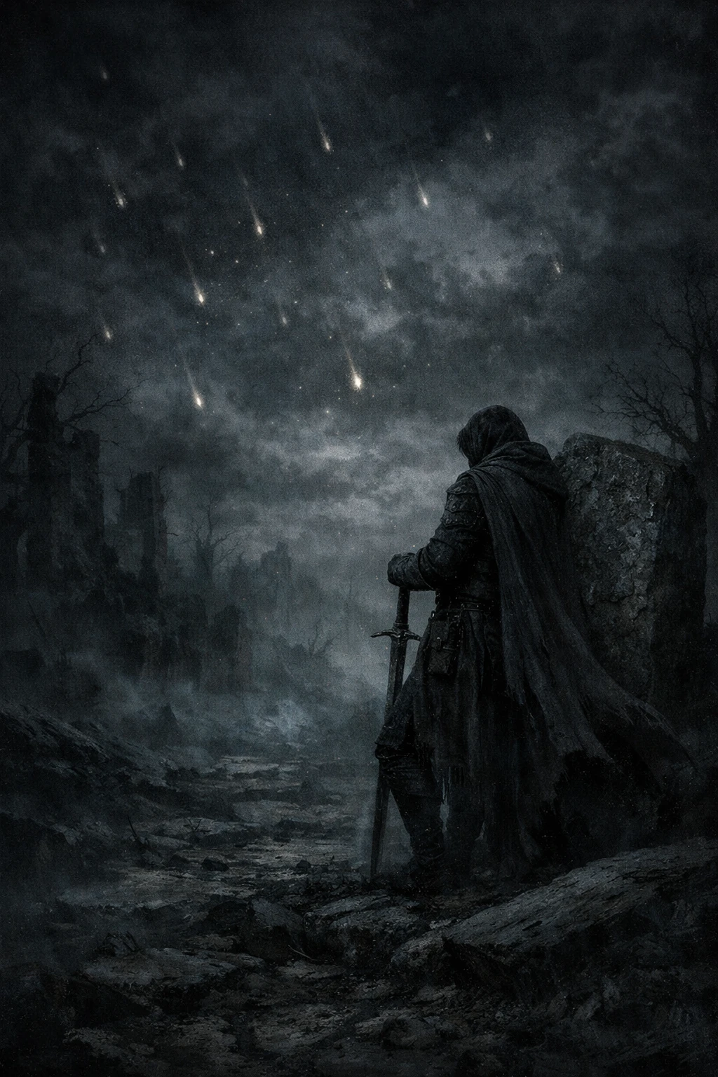 Dim stars falling softly in a silent night sky