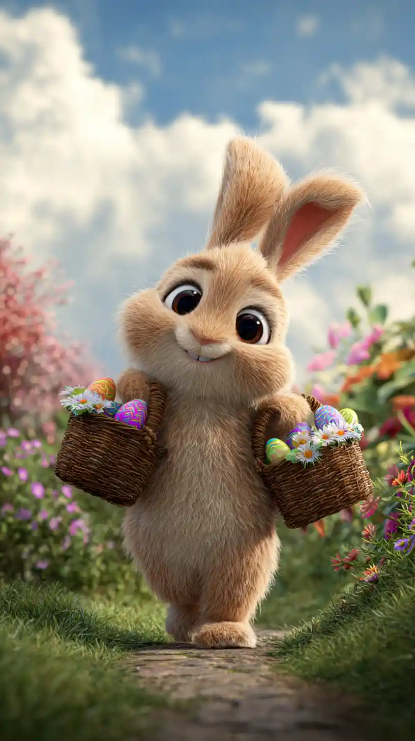 Cute rabbit with Easter baskets in a colorful garden