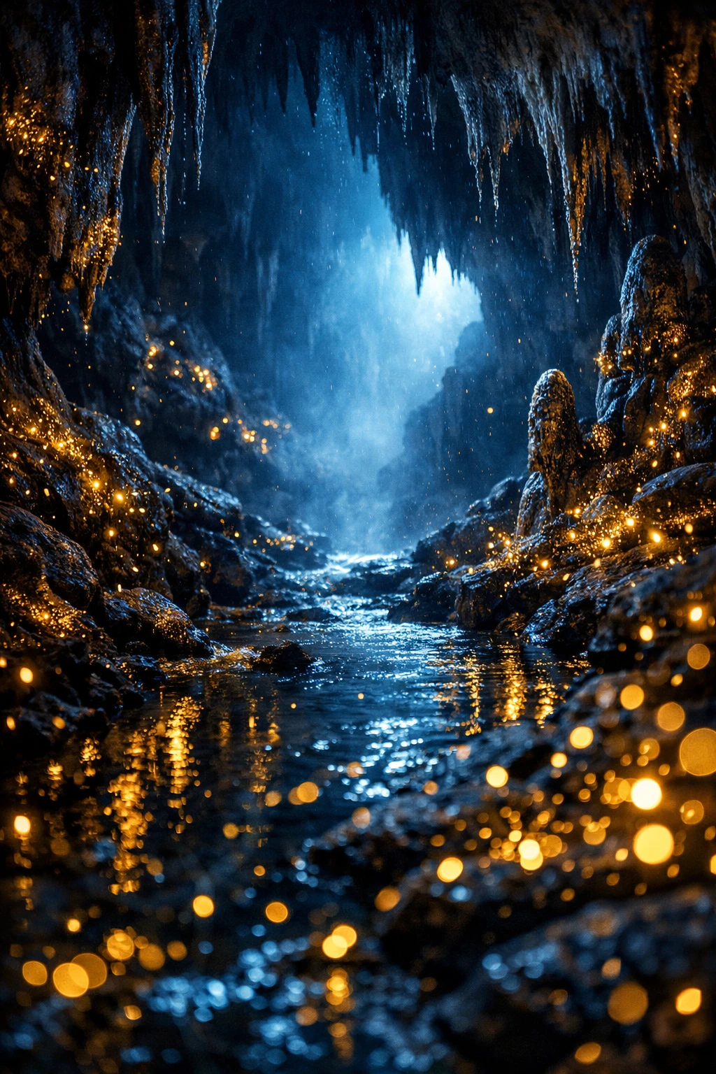 Cueva azul profunda con arroyo luminoso y formaciones rocosas