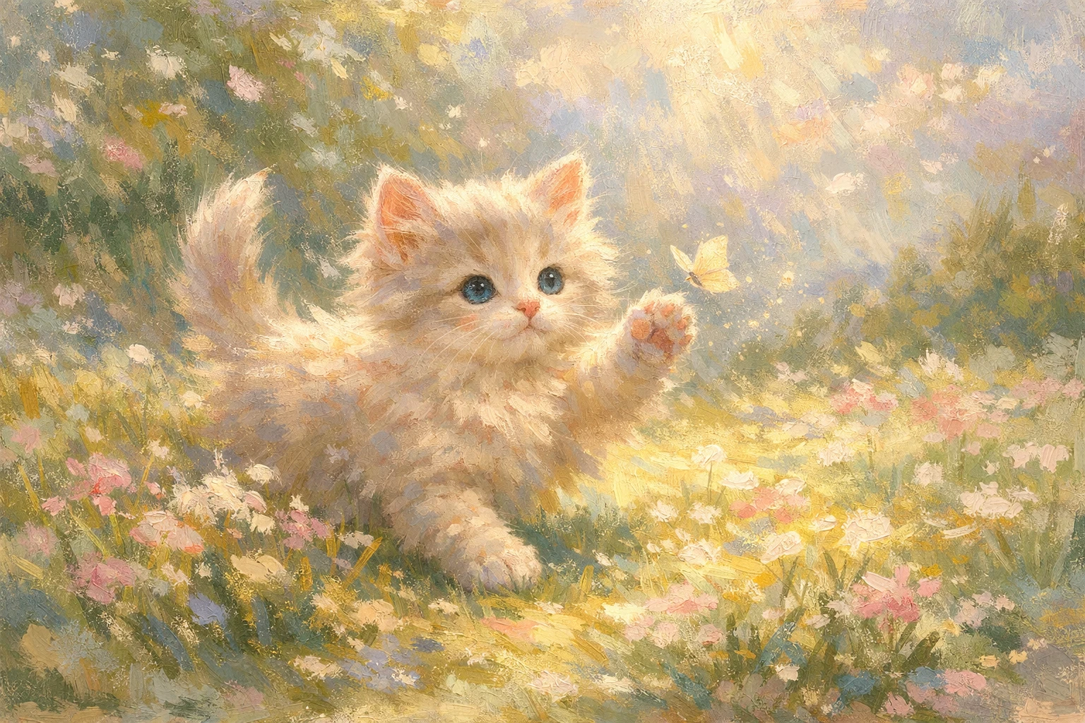 Gatinho fofo brincando em um campo ensolarado e de sonho - pintura