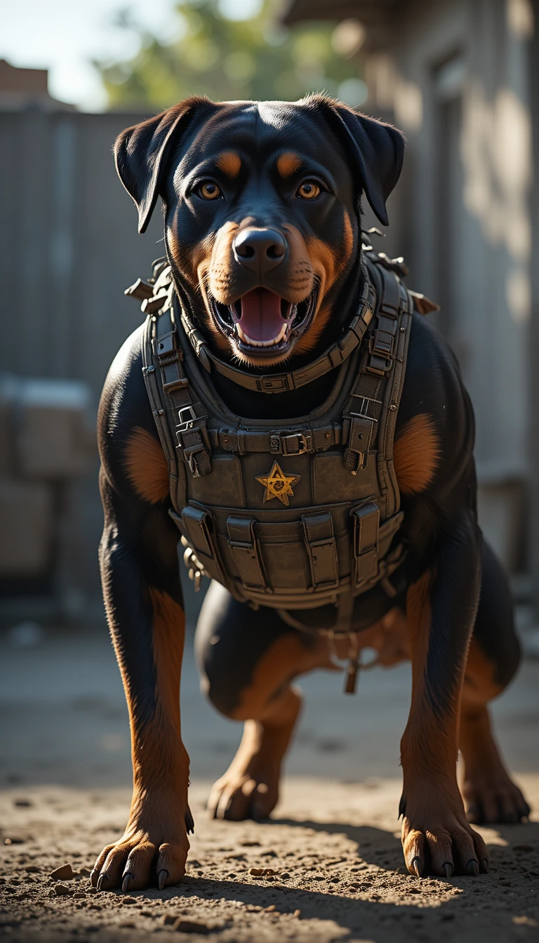 Rottweiler anthropomorphe bondissant en avant sous le soleil éclatant du jardin