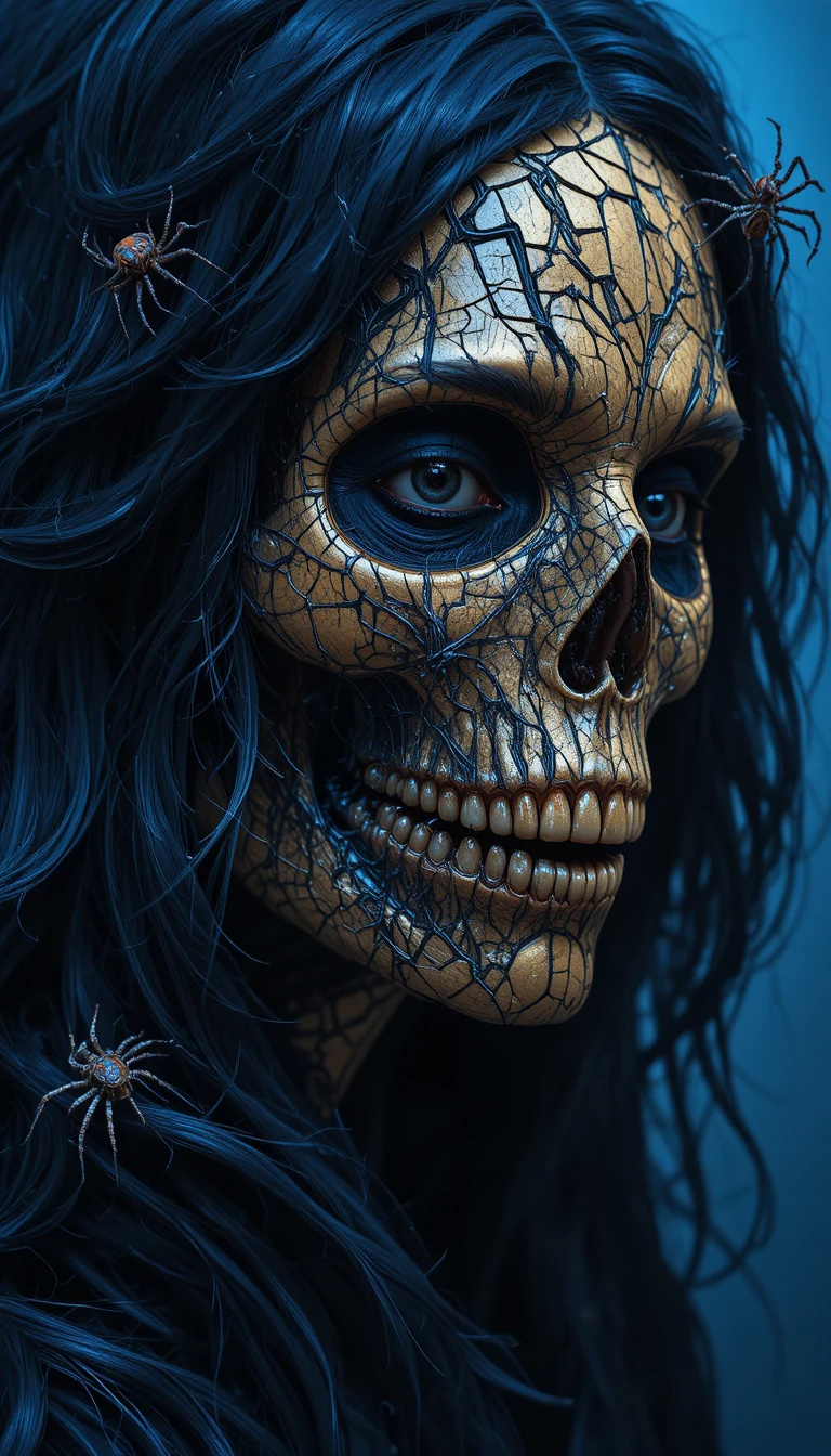Frightening Woman With Golden Skull Face And Crawling Insects