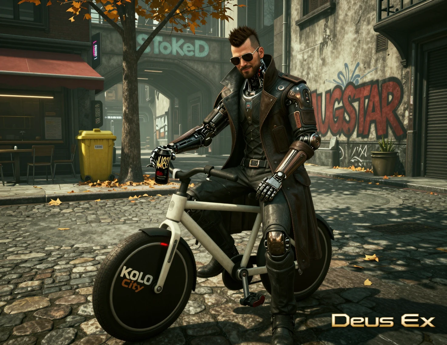 Detective aumentato su moto futuristica in un vicolo tranquillo della città
