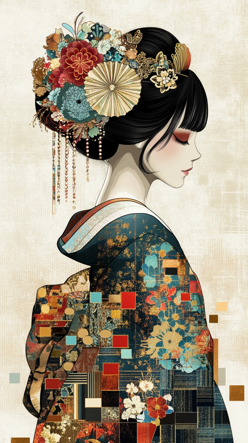 Elegante profilo di geisha in illustrazione di kimono digitale ornato