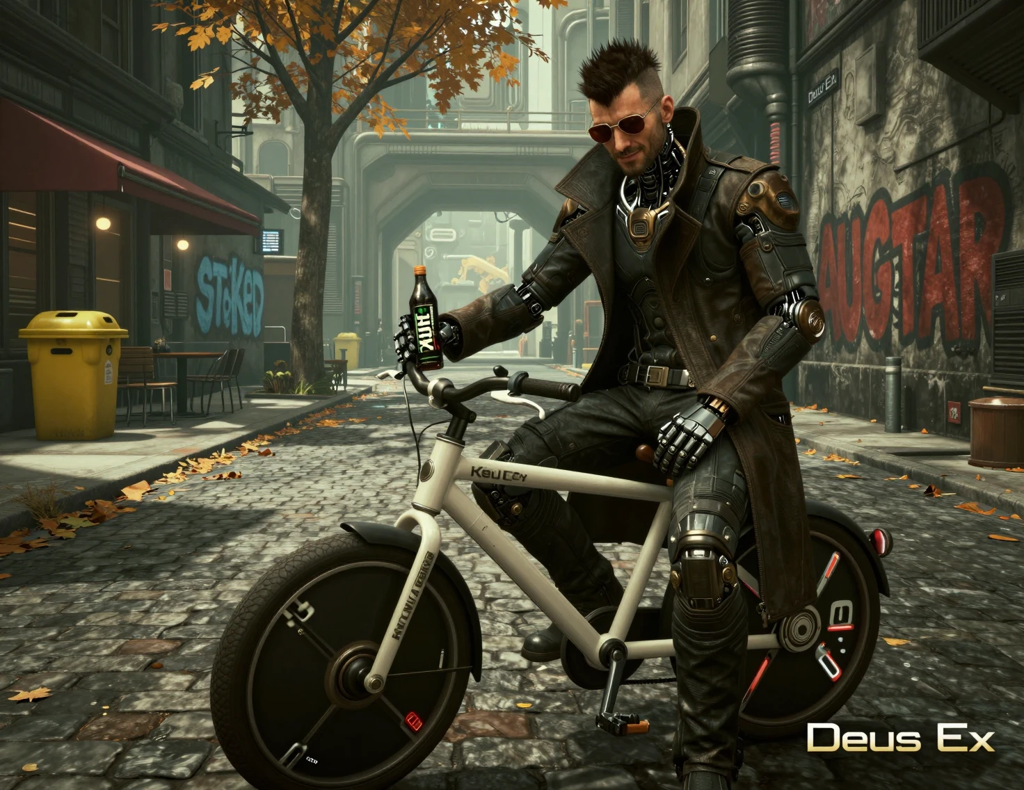 Detective aumentato su bicicletta futuristica in un vicolo