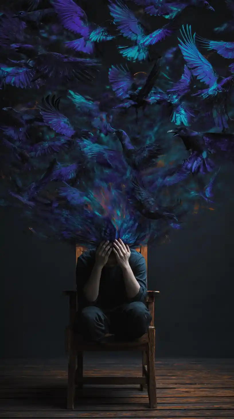 Close up woman with head in hands and swirling crows