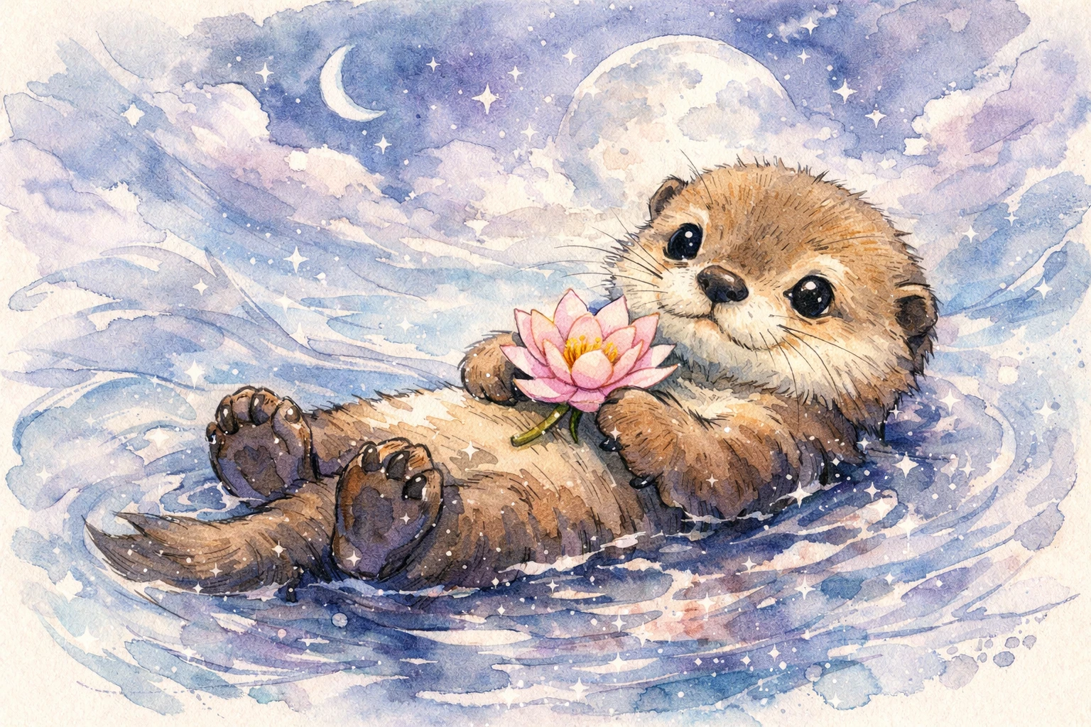 Dolce cucciolo di lontra che galleggia a pancia in su con un fiore