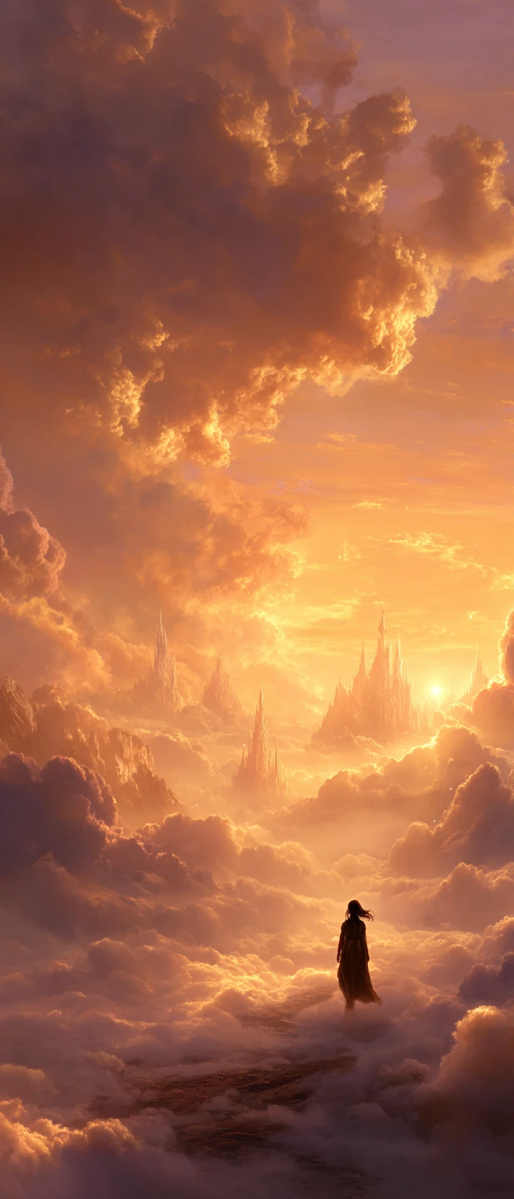 Einsame Gestalt in goldenen Wolken am Sonnenuntergangshimmel