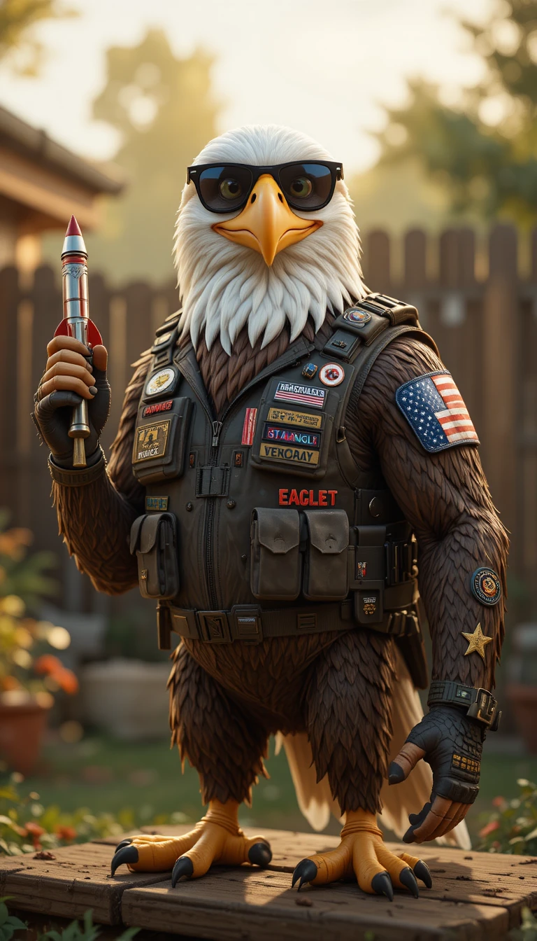 Anthropomorphic bald eagle enforcer in patriotic backyard scene
