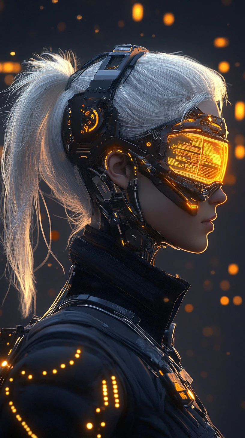Cyberpunk female cyborg in glowing futuristic profile portrait